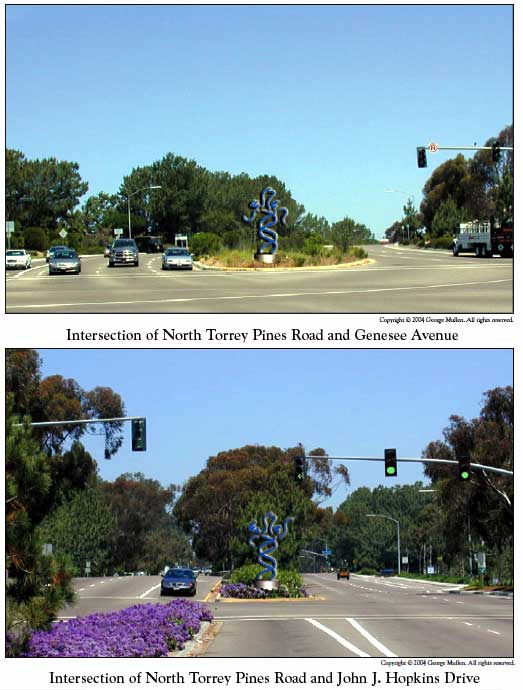 Intersections of North Torrey Pines Road and Genesee Ave., and North Torrey Pines Road, and John J. Hopkins Drive.